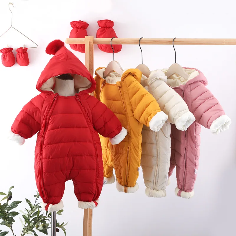 UNIFEMEN Newborn Baby Jumpsuit Hooded Plus Velvet Warm Infant Boys Snowsuit Toddler Girls Cotton Padded Overalls Rompers