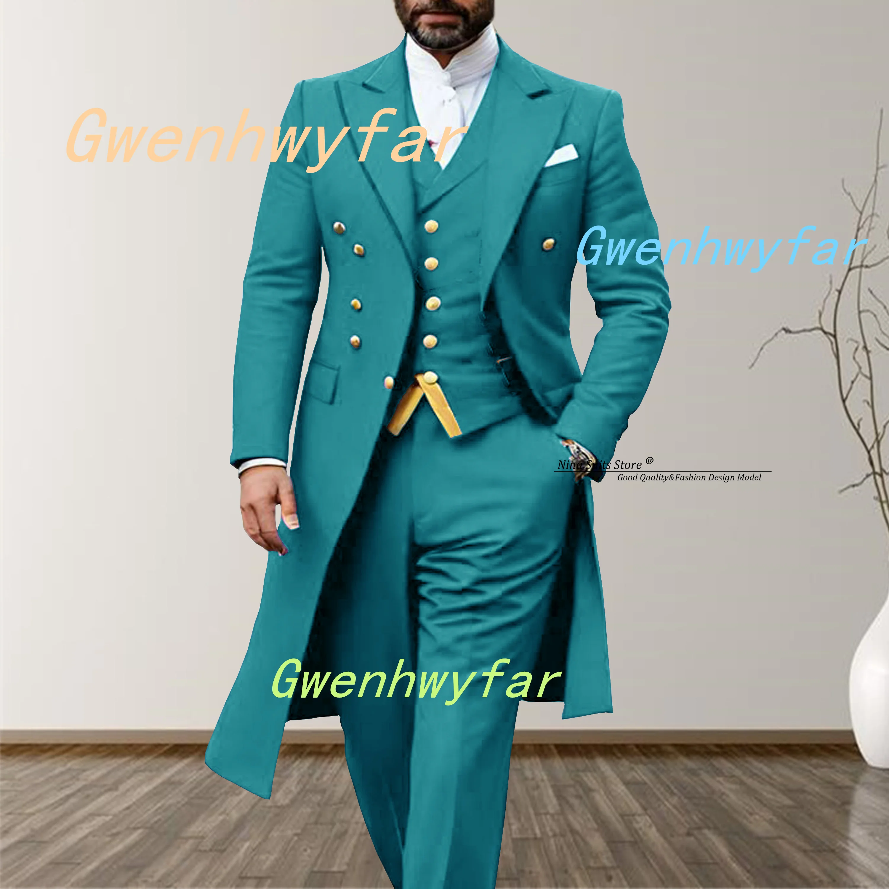 Gwenhwyfar 2026 Elegant Long Men's Suits 3-Piece Set of Turquoise Men's Wedding Costume with Golden Stitching Vest Casual Pants