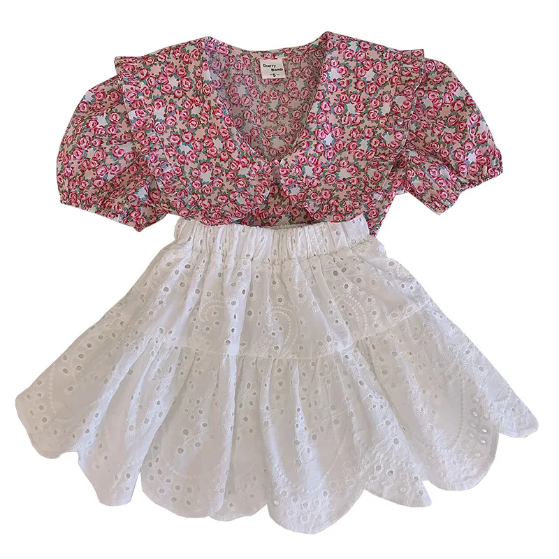 Spring Summer Girls\' Clothing Sets New Girls Suit Cute Floral Lapel Short-Sleeved Top+Hollow Lace Skirt Fashion Baby Kids Outfit