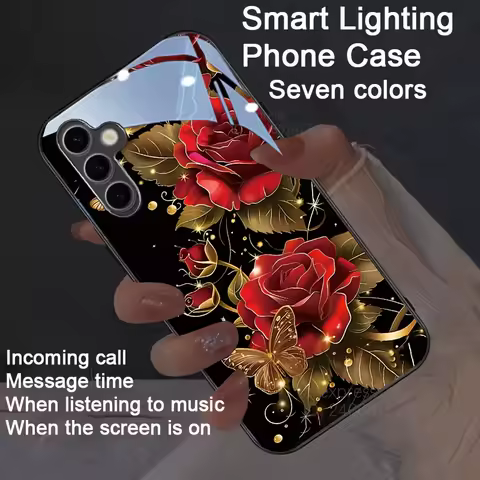 S25 Ultra Luxury Rose Floral LED Flash Phone Case for Samsung A06 A55 A35 A34 A15 A35 A14 S23 Plus S22 S24 FE Glow Phone Cover