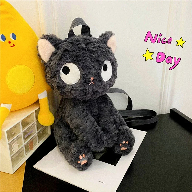 Cute little black cat lovely cat plush doll bag girly doll backpack for girls funny backpack