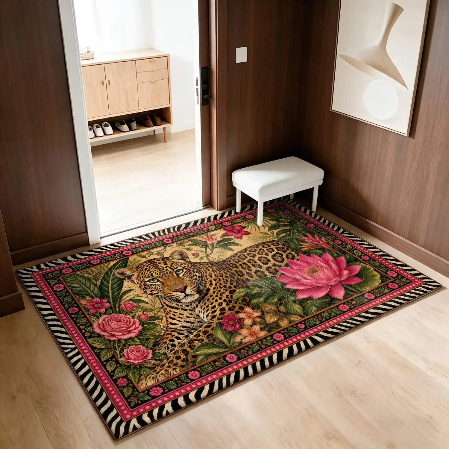 1Pc 2D Printed Leopard&Floral Pattern Carpets: European, Bohemian, Vintage, Geometric Striped Styles Home Decor, Multi-Size, Machine Washable, for Entryway, Dining Room, Foyer, Bedroom, Living Room.