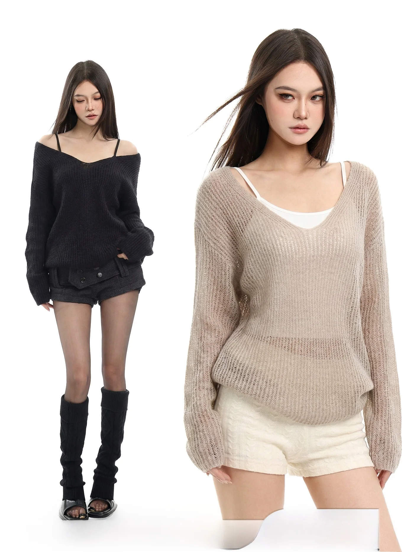 

CCUP SPACE Lazy Sle V-Ne Hollow out Knitwear Women's Design Sensual Semi-Transparent Long Sve Top Loose Fit