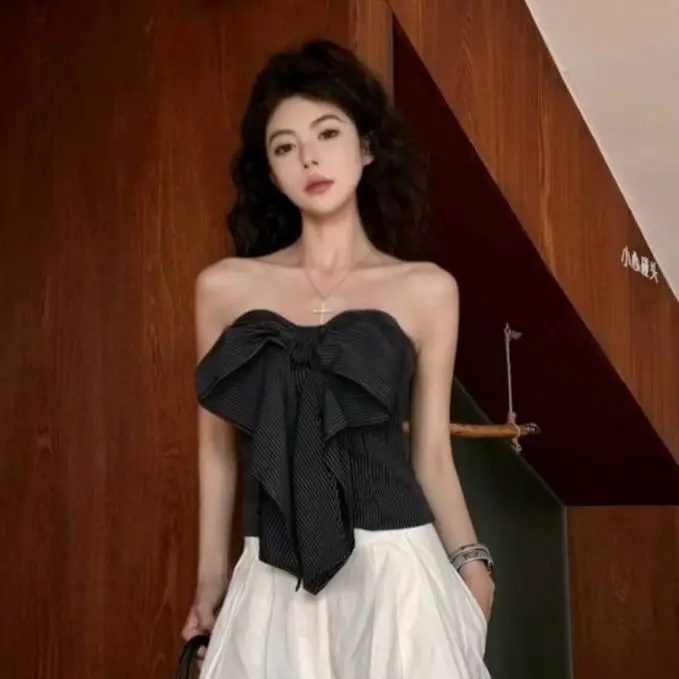 

Korean Bow Contrast Striped Strapless Vest for Women Slim Hot Girl Sleeveless Short Style Top