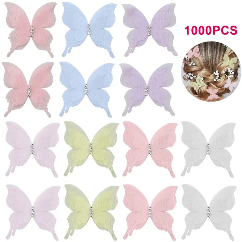 1000Pcs Organza Butterfly Light Weight Fabric Triple Layer Ribbon Rhinestone Charms 3D Appliques Wall Decor Ornament Decorative