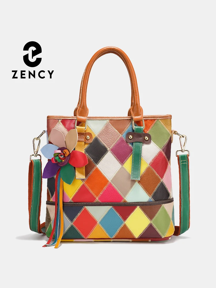 Zency Women's Colorful Patchwork Tote Bag Genuine Leather Handbag Large Bag Floral Crossbody For Dating