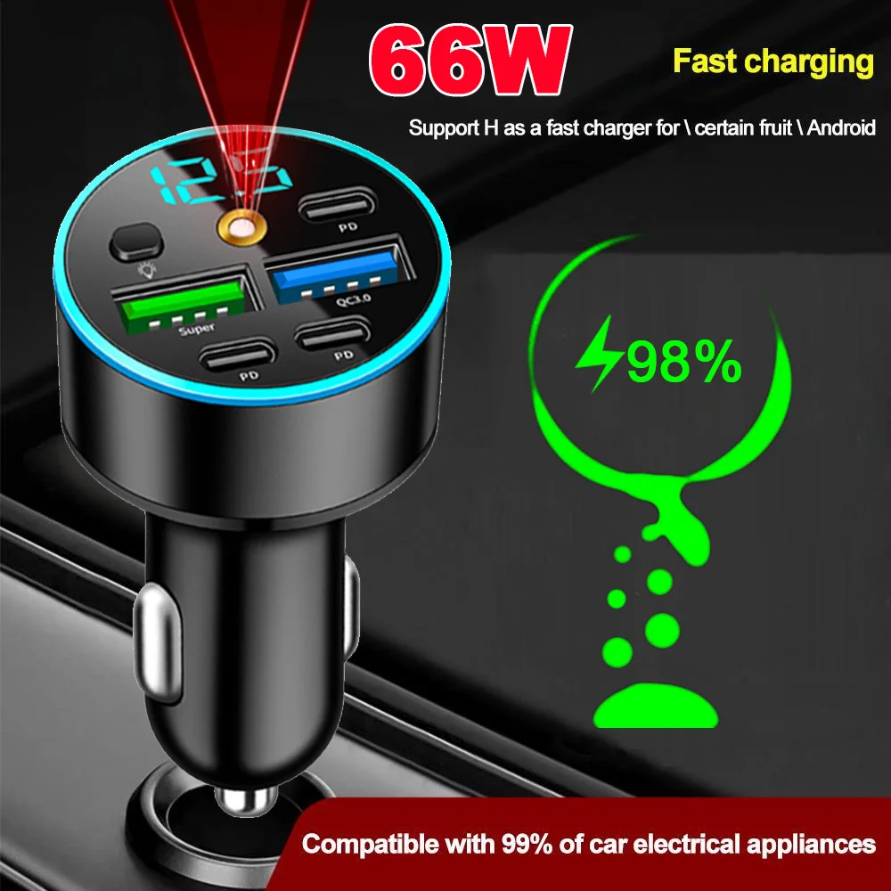 

66W Car Charger 5-IN-1 Fast Charging with Star Light PD QC MultiPort Phone Chargers Power Adapter For iPhone Samsung Huawei Xiao
