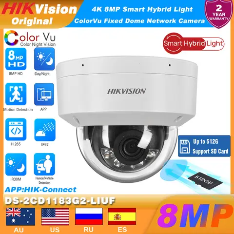 Hikvision DS-2CD1183G2-LIUF 4K 8MP ColorVu Smart Hybrid Light POE IP Camera MD 2.0 Human Detect MIC SD Slot IP67 Support SD Card