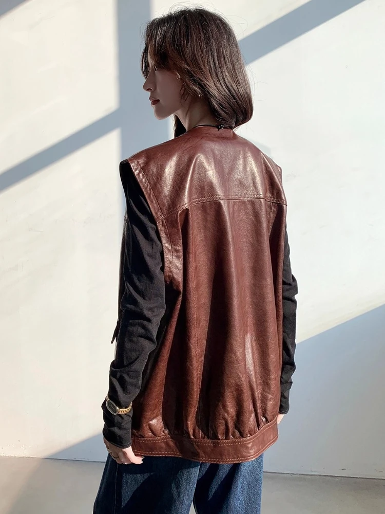 Gilet senza maniche in vera pelle per donna Primavera Autunno 2025 Nuovo cappotto in vera pelle di pecora solida semplice di fascia alta con cera d'olio morbida