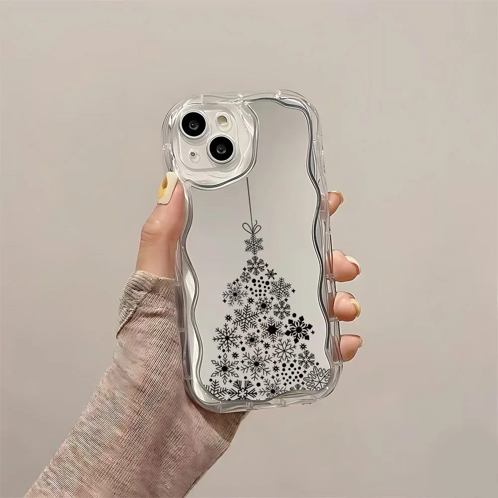 Stylish Christmas Pattern 3D Wave Clear Curly Makeup Mirror Phone Case For Samsung Galaxy S26 S25 S24 FE Plus Ultra F06 4G 5G