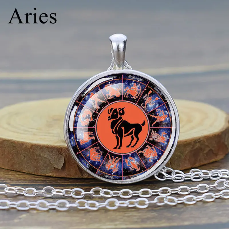 12 Constellation Aries Taurus Gemini Cancer Leo Virgo Libra Scorpio Glass Cabochon Pendant Necklace Zodiac Sign Jewelry