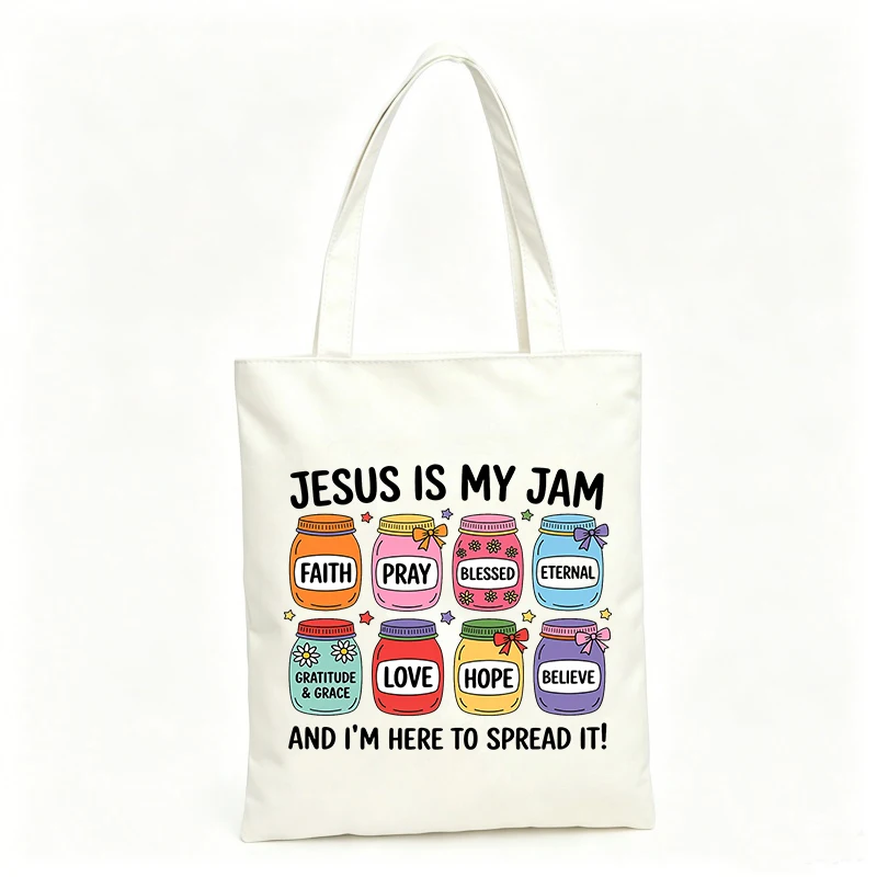 Women's canvas tote bag with jar graphics and letter print, ideal for casual daily use and shopping