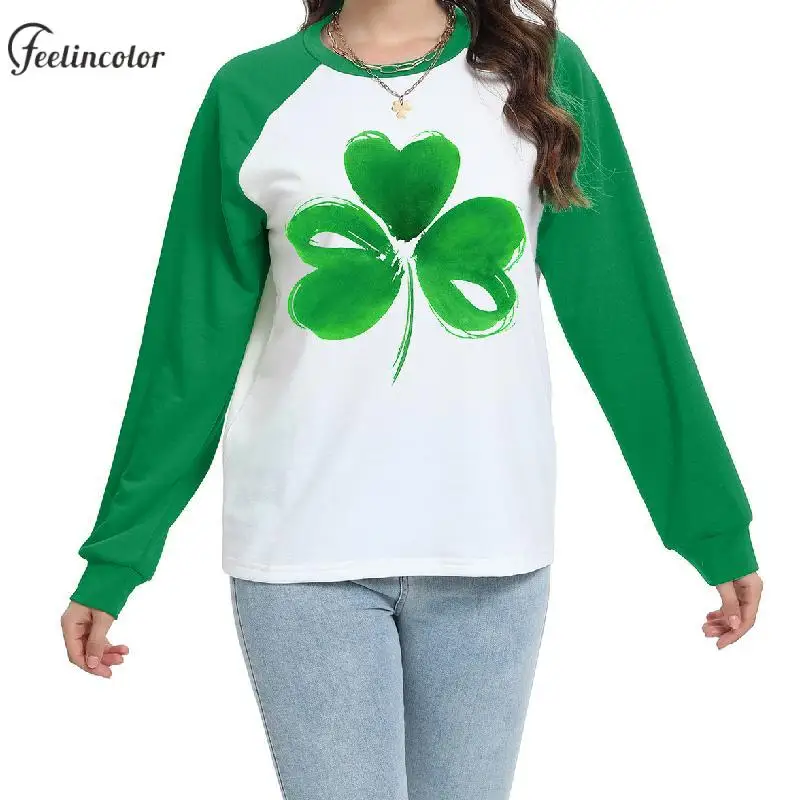 Fake Two Suits Print Sweatshirts for Women St. Patrick's Day Pullover Lucky Irish Clover Graphic Hoodies Holiday Couple Clothing