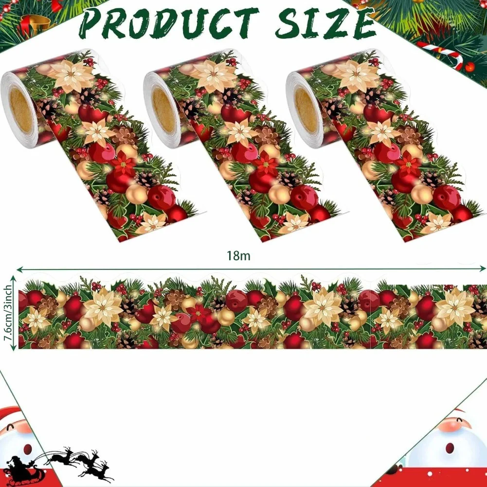Christmas Decorative Border Stickers for Handmade Crafts with Red Gold Botanical Design Waterproof and Tear Resistant