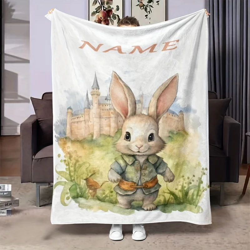 Personalized Name Blanket - Comfortable and Cute Rabbit Pattern, Soft Flannel Shawl Suitable for All Seasons