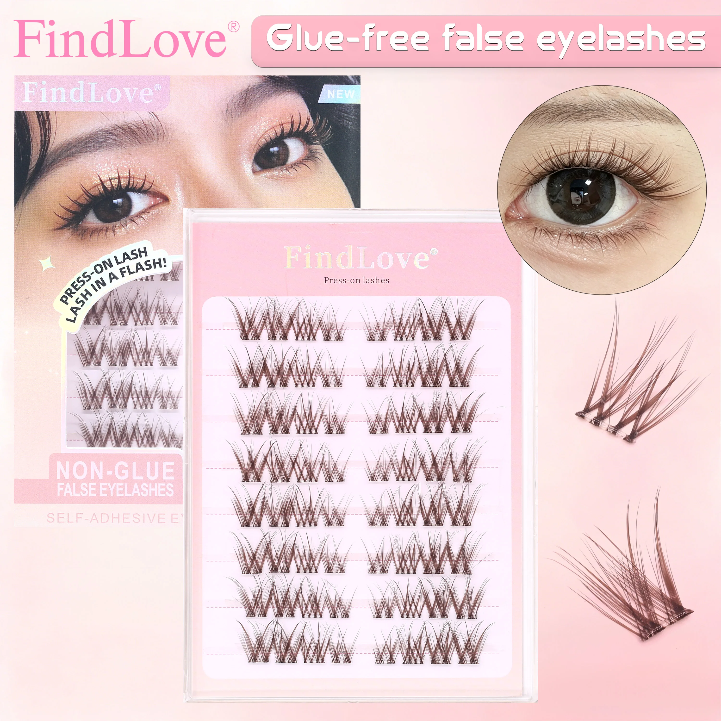 

64 Clusters DIY Glue Free Eyelash Extension Brown Color Big Eyes Bold Charm Long Lasting Soft Fiber Comfortable Wear Reuseable