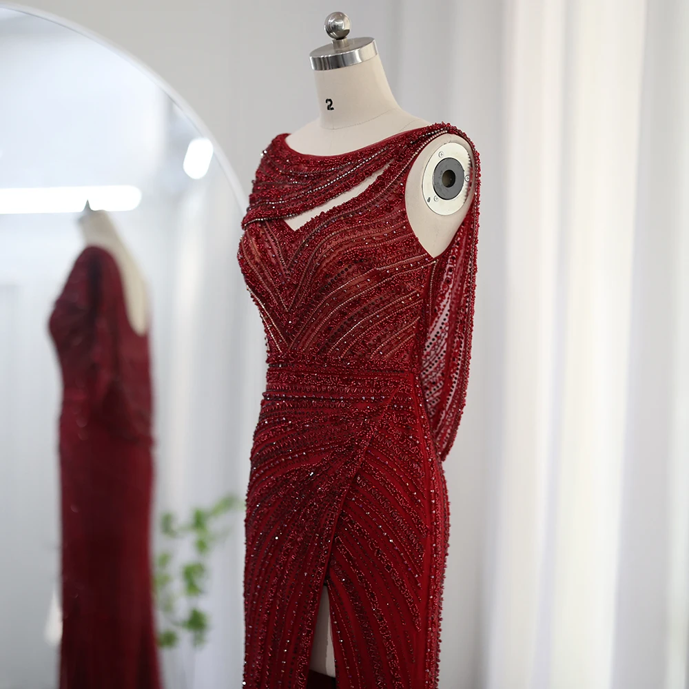 Sharon Said Luxuriöses Silbernes Meerjungfrauenkleid für Hochzeitsfeier mit Cape, Perlenbesetztes Schlitz-Abendkleid SS035 Maßanfertigung – Detail 19
