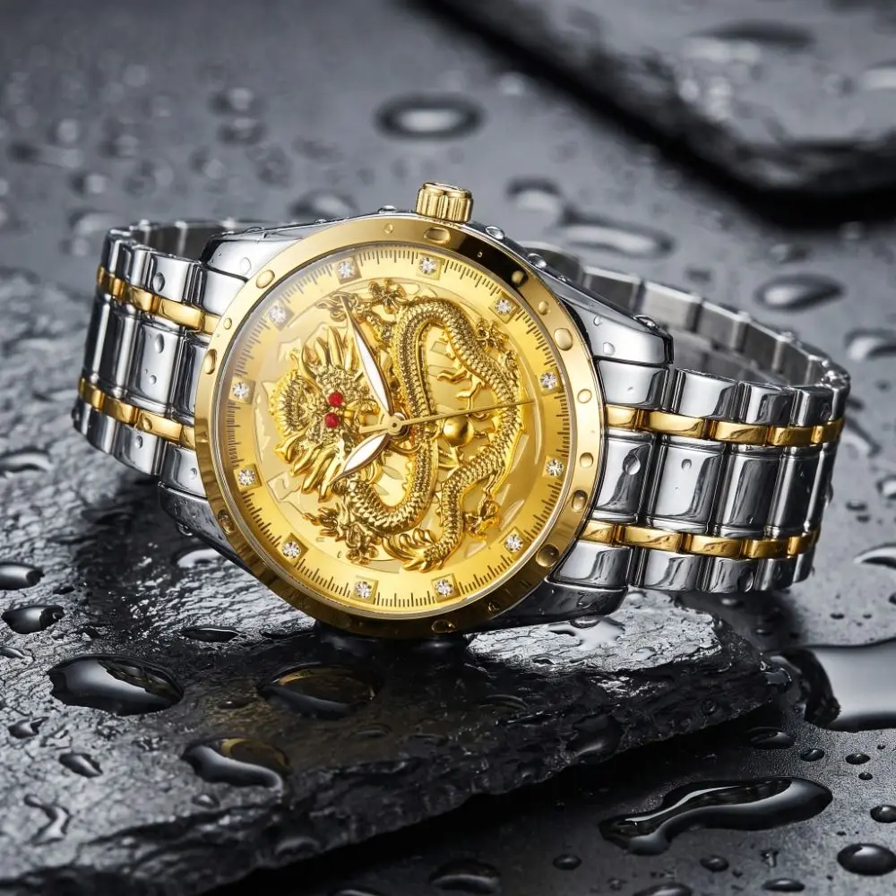 Fashion Stainless Steel Band Men's Watch Luminous Gold Color Dragon Pattern Clock Big Dial Ultra-Thin Quartz Watch Women