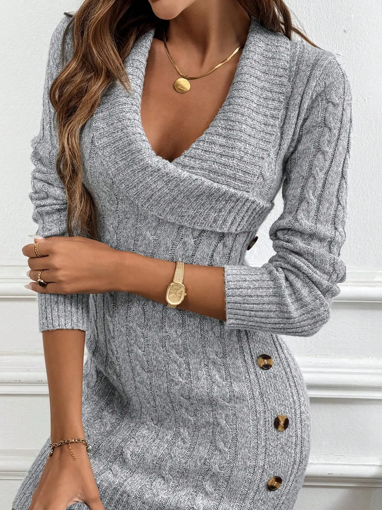 Xyvia Collared Knitted Long Sleeve Comfy Sweater Dress Fall Winter Cloth For Women