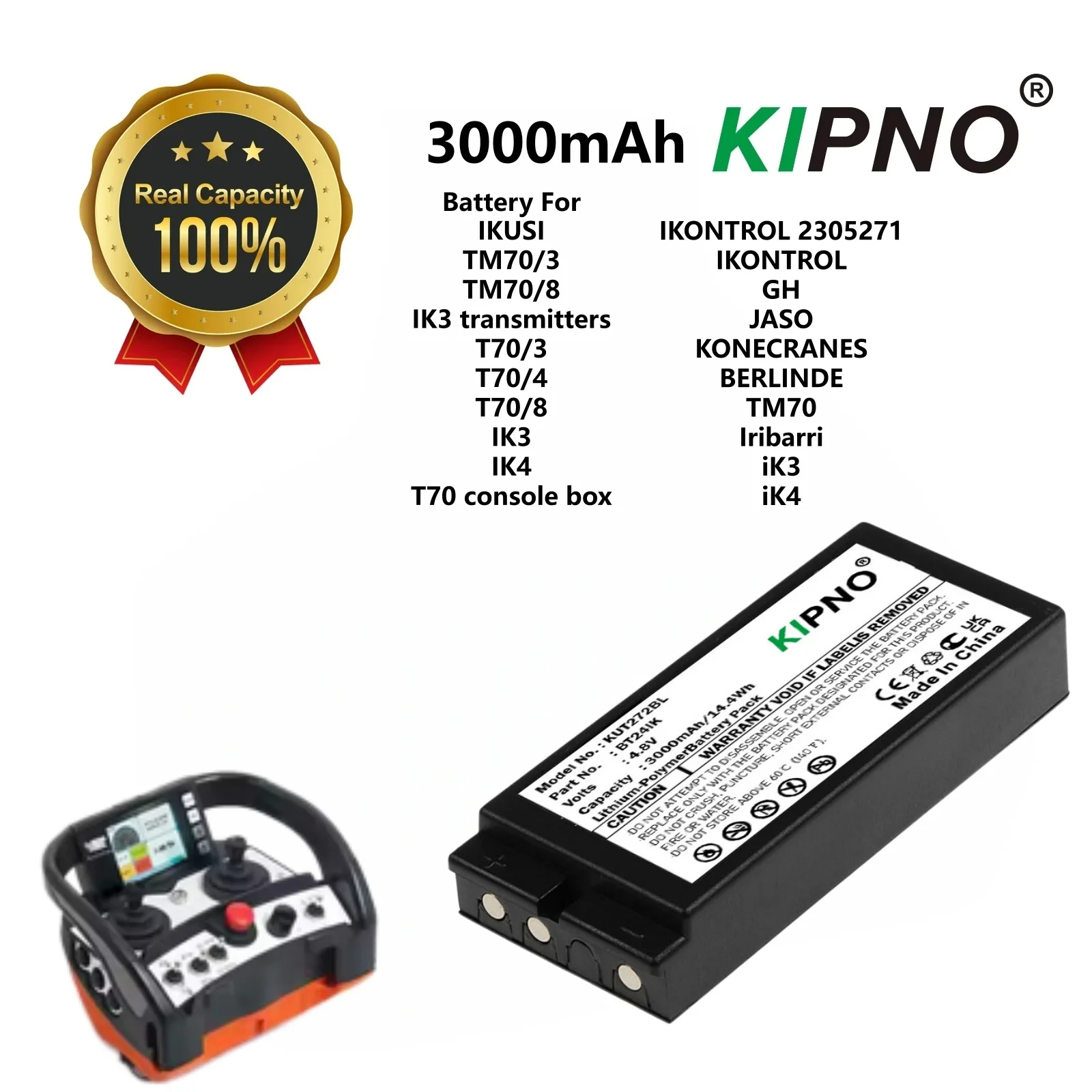 Crane Remote Control Battery BT24IK for IKUSI IK3,IK4,T70/TM70/3/4/8,Console Box,2305271,GH,JASO,KONECRANES,BERLINDE,Iribarri