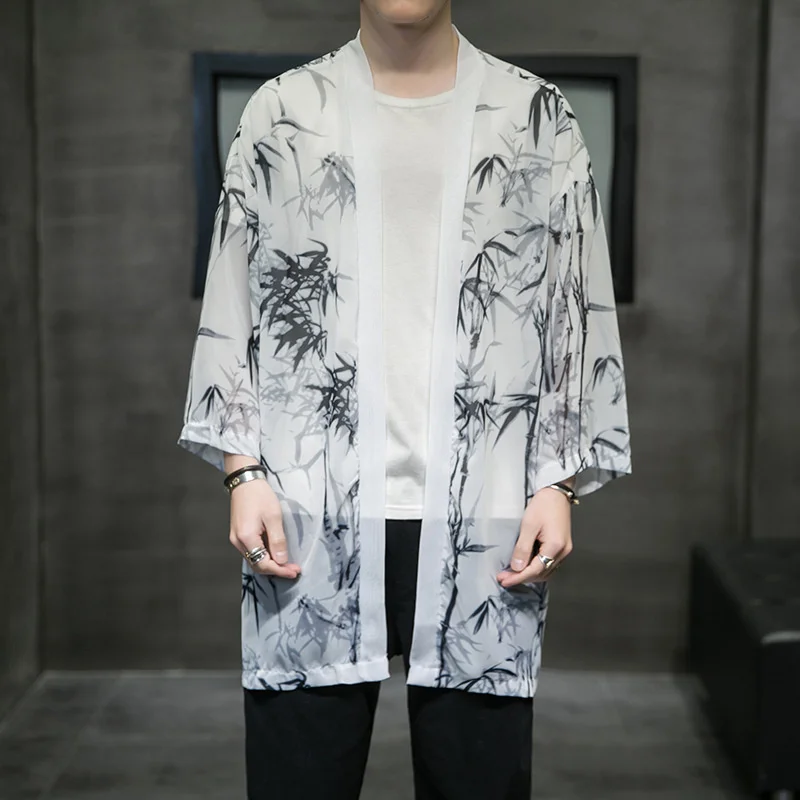 #4235 Summer Vintage Printed Jacket Men Loose Cardigan Long Cotton Linen Coat Plus Size 5XL Thin Sunscreen Jacket Man Retro