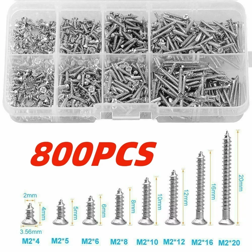 800pcs M2(2mm) Nickel Plated Carbon Steel Phillips Pan Head Self Tapping Screws Assortment Kit M2*4/5/6/8/10/12/16/20mm