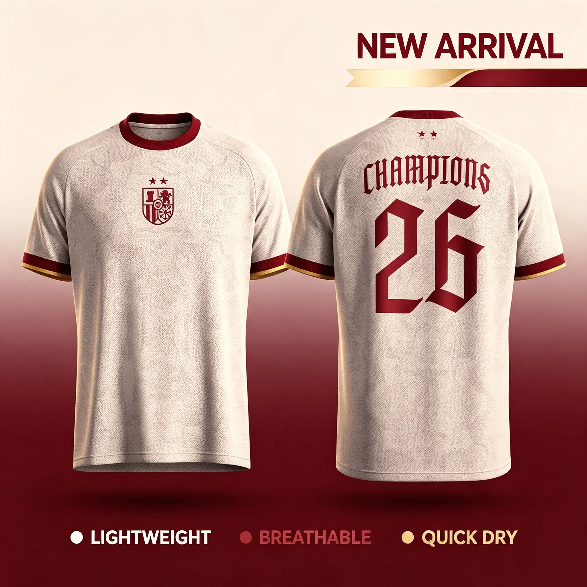 2026 Two Stars Spanien Champion Fußballtrikot, Herren Sommer Sport Trainingsshirt Atmungsaktives Schnelltrocknendes Sweatshirt T-Shirt Oberteil – Detail 2