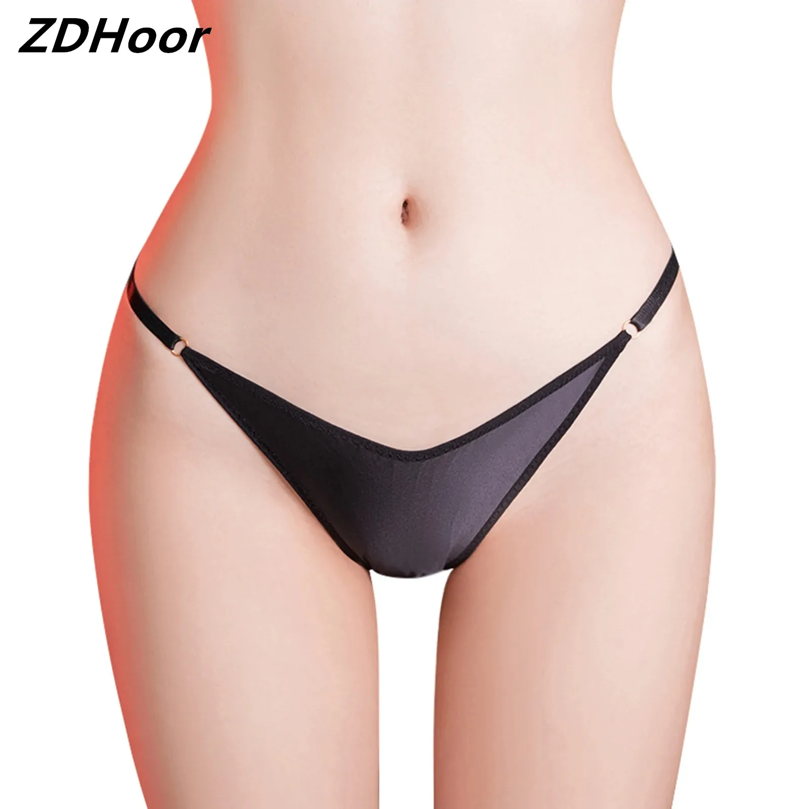 Womens Low Rise V-Front Thong Solid Color Glossy Elastic Waistband Panties Pool Party Bikini Bottoms Lingerie Underwear