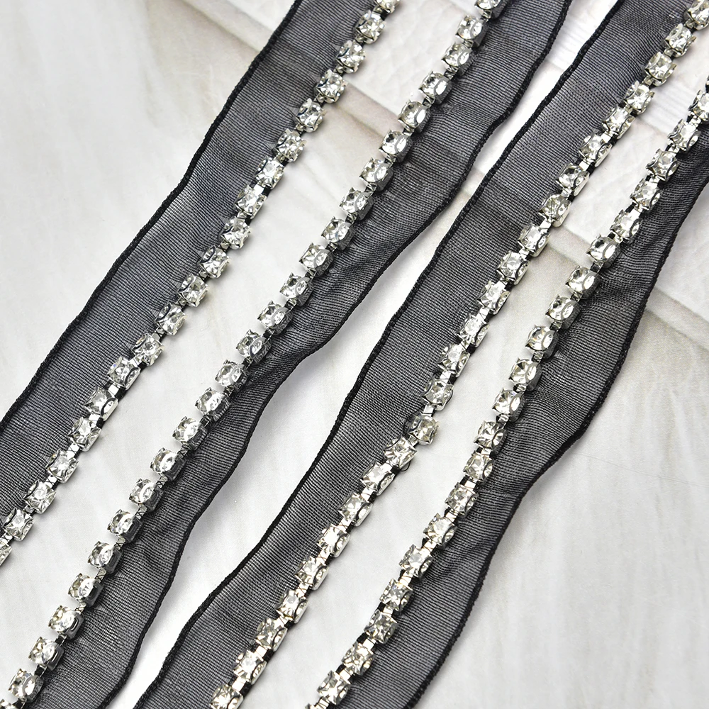 Unilateral Rhinestone Claw Chain White and Black Mesh Lace Trim Crystal Sew on Ribbon for Clothes Collar Shoes Decoration