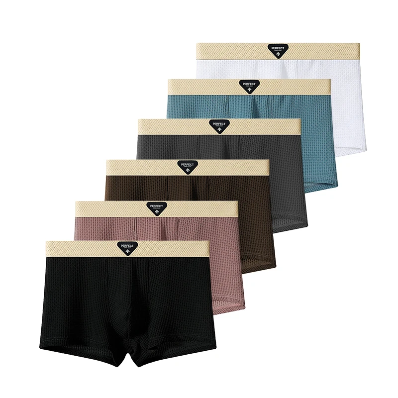 

6Pcs Threaded Ice Silk Men's Boxer Briefs Comfortable Touch Super Elastic Waistband Men's Underwear Multicolored Men's Underpant