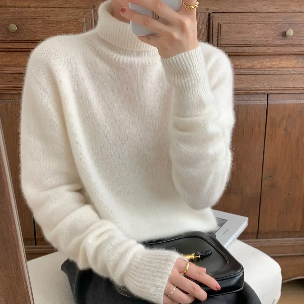 

Women's Grey Turtleneck Thickened Knitted Sweater Autumn Winter Lazy Style Solid Color Base Shirt Trendy Base Layer Top
