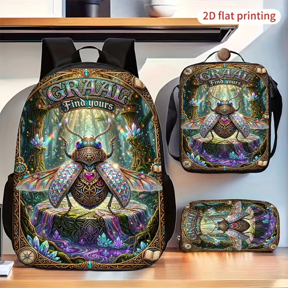 3pcs Retro Mystical Forest Crystal Print Backpack Suitable for Daily Use Travel Lightweight Vintage Insect