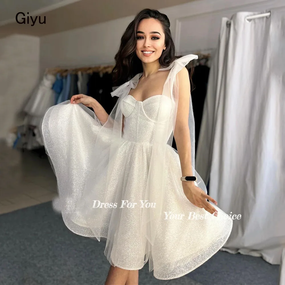 

Giyu Shining Draped Wedding Dresses Bow Straps A-Line Sequins Sleeveless Bridal Gowns Sparkly Knee Length Bride Dress 2024