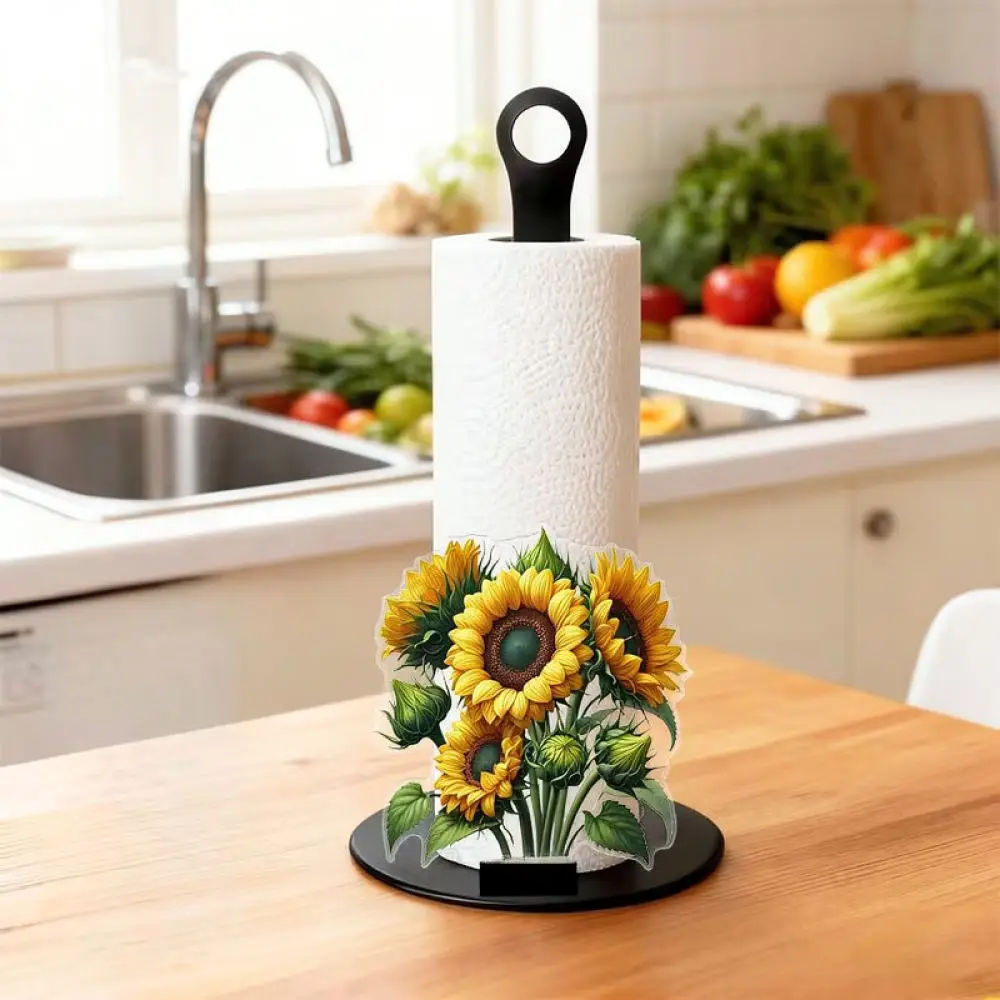 Farmhouse Style Sunflower Print Tissue Stand Wooden Vertical Organizer Countertop Dispenser For Home Decor