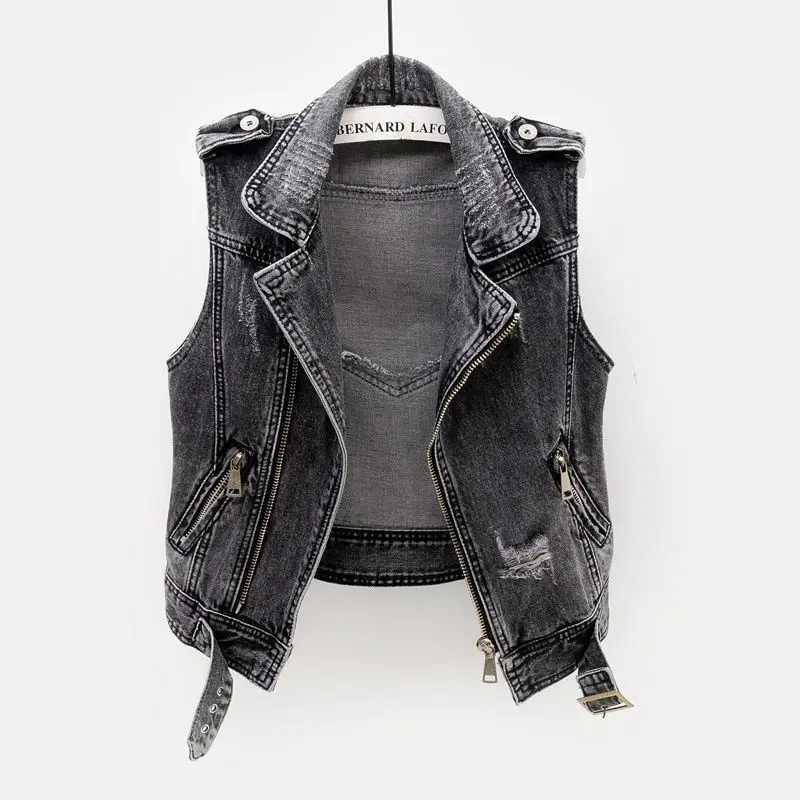 Gray Jean Cowboy Waistcoat Hole Denim Women Vest Female Spring Autumn Sleeveless Wild Tops Short Jacket Girls Ripped 5XL Vest