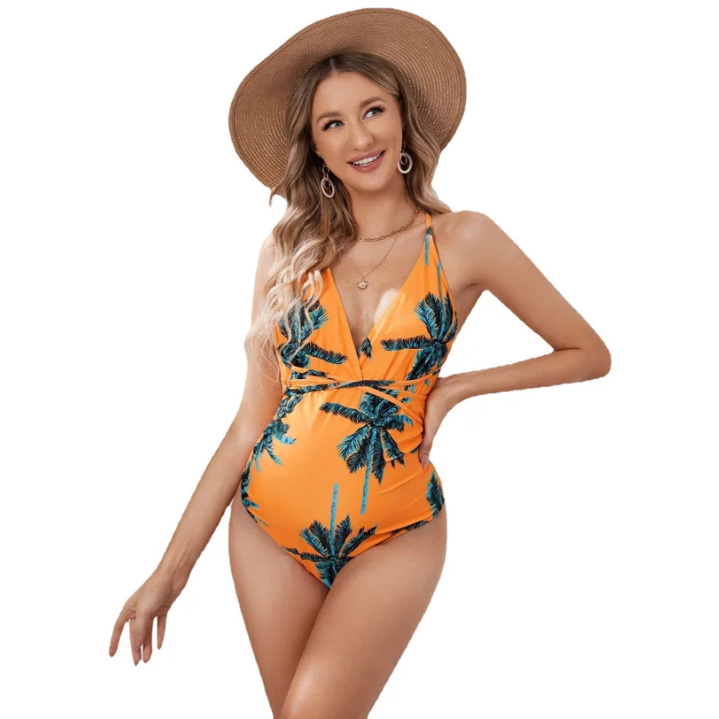 Maternity Sexy V-neck Swimwear Leaves Print One-piece Neck Swimsuit Pregnant Beach Bathing Ruffles Tankinis Beachwear Suit 2023