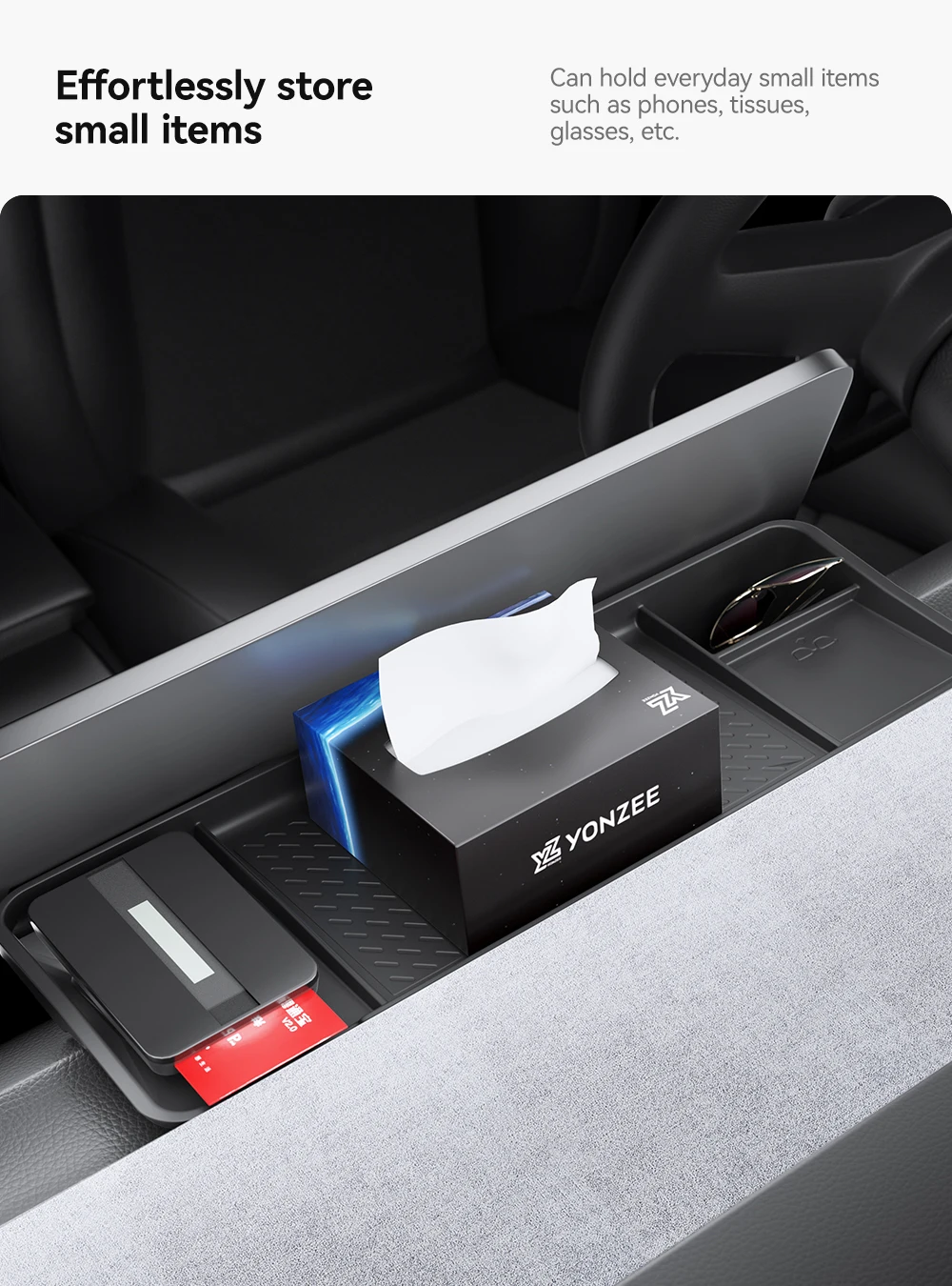 Aufbewahrungsbox für die Rückseite des Displays, Organizer, Halterung für das Armaturenbrett, Taschentuchbox, Zubehör für Tesla Model Y Juniper, Model 3 Highland. – Detail 10