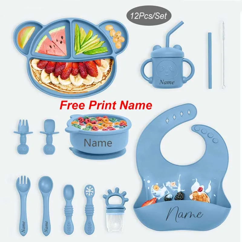 12Pcs Kids Silicone Tableware Personalized Name Baby Feeding Plate Bear Bowl Spoon Fork Customized Newborn Gift Children Dish