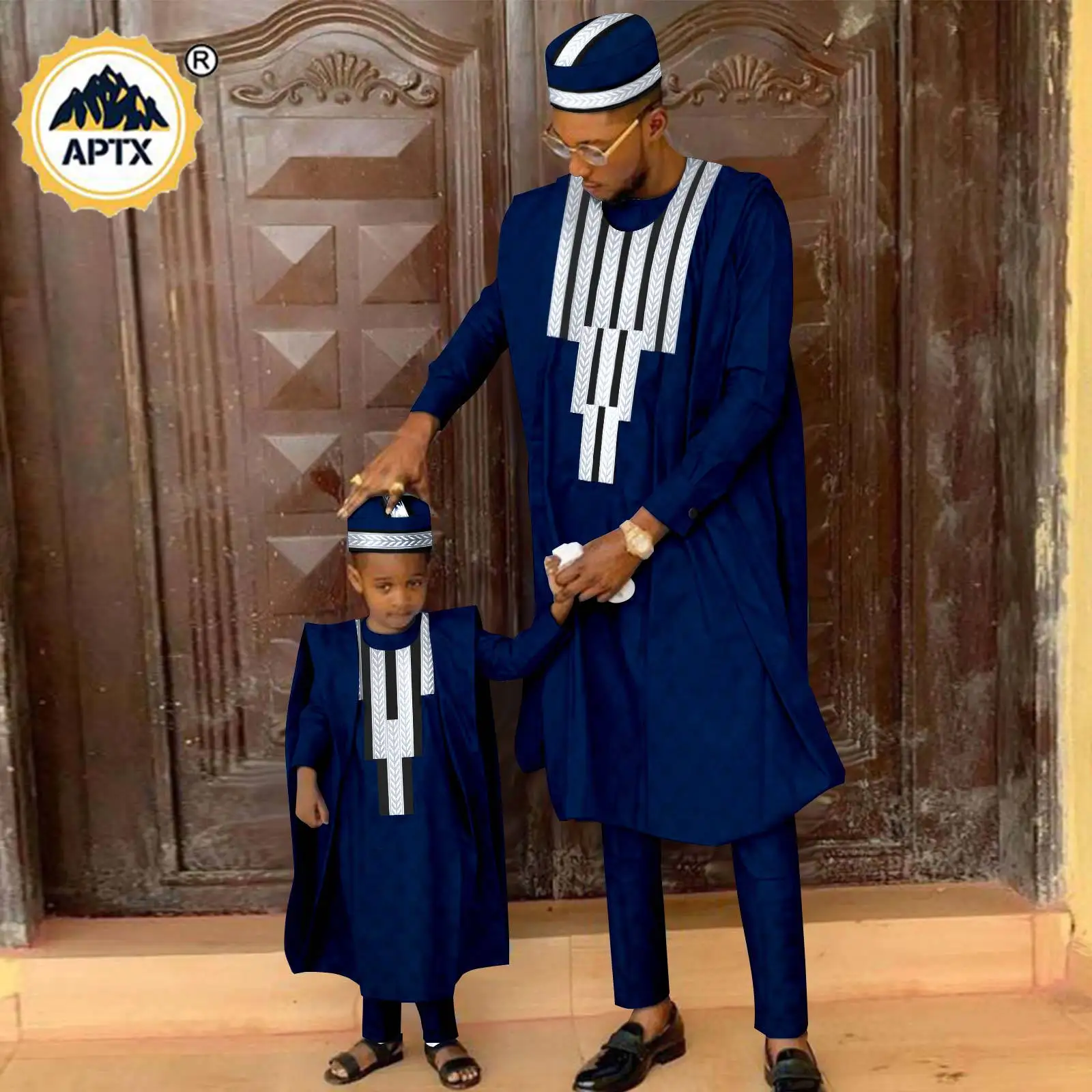 African Matching Outfit for Family Bazin Riche Muslim Sets Dashiki Father and Son Attire Agbada Robe Shirt and Pants Hat Y23F001