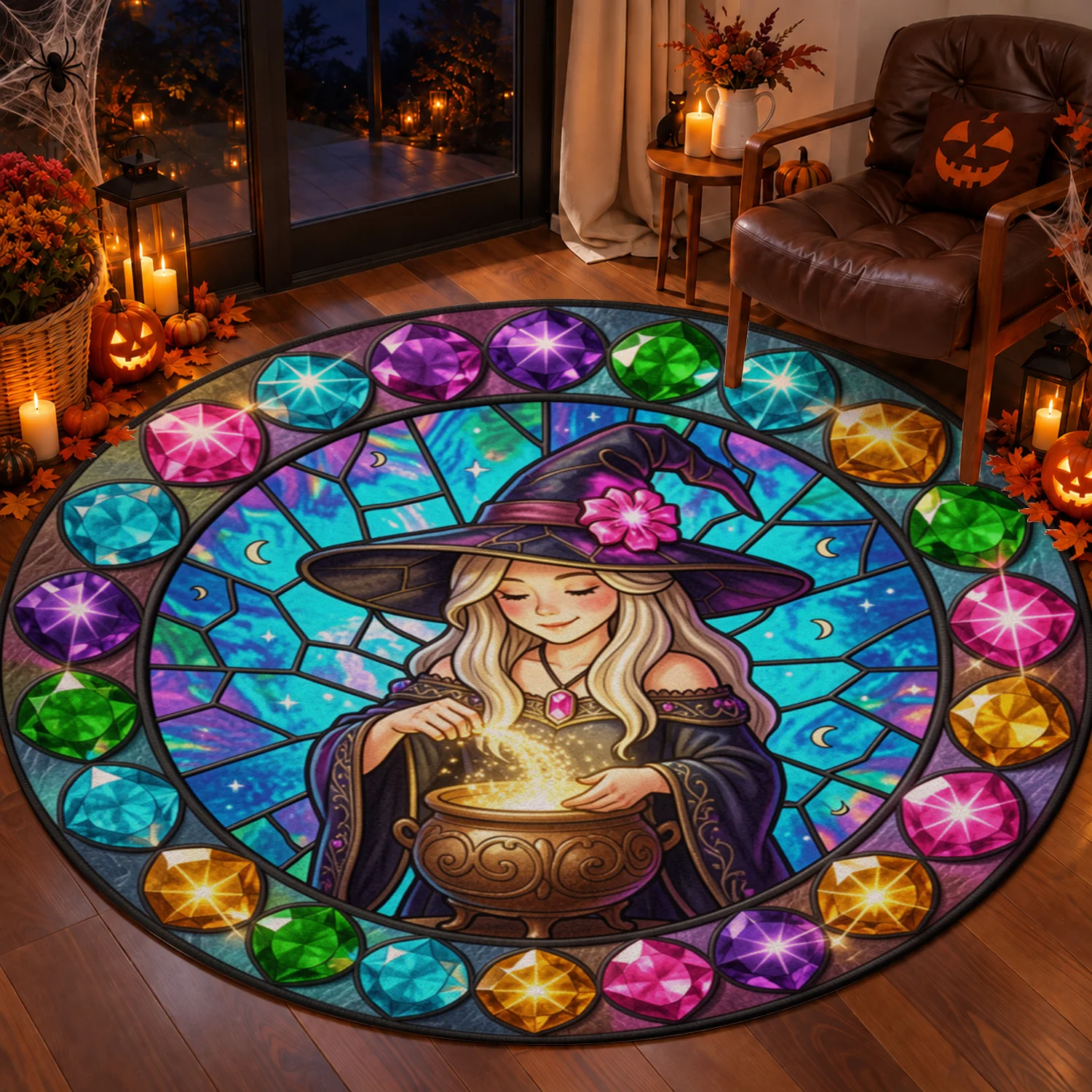 Stained Glass Witch Cauldron Circular Pattern Velvet Decor, Machine Washable Soft Velvet Home Accent, Ideal for Living Room, Bedroom, Entryway, Dining Area, Perfect for Halloween, Thanksgiving, Christmas, New Year, Black Friday Holiday Decor
