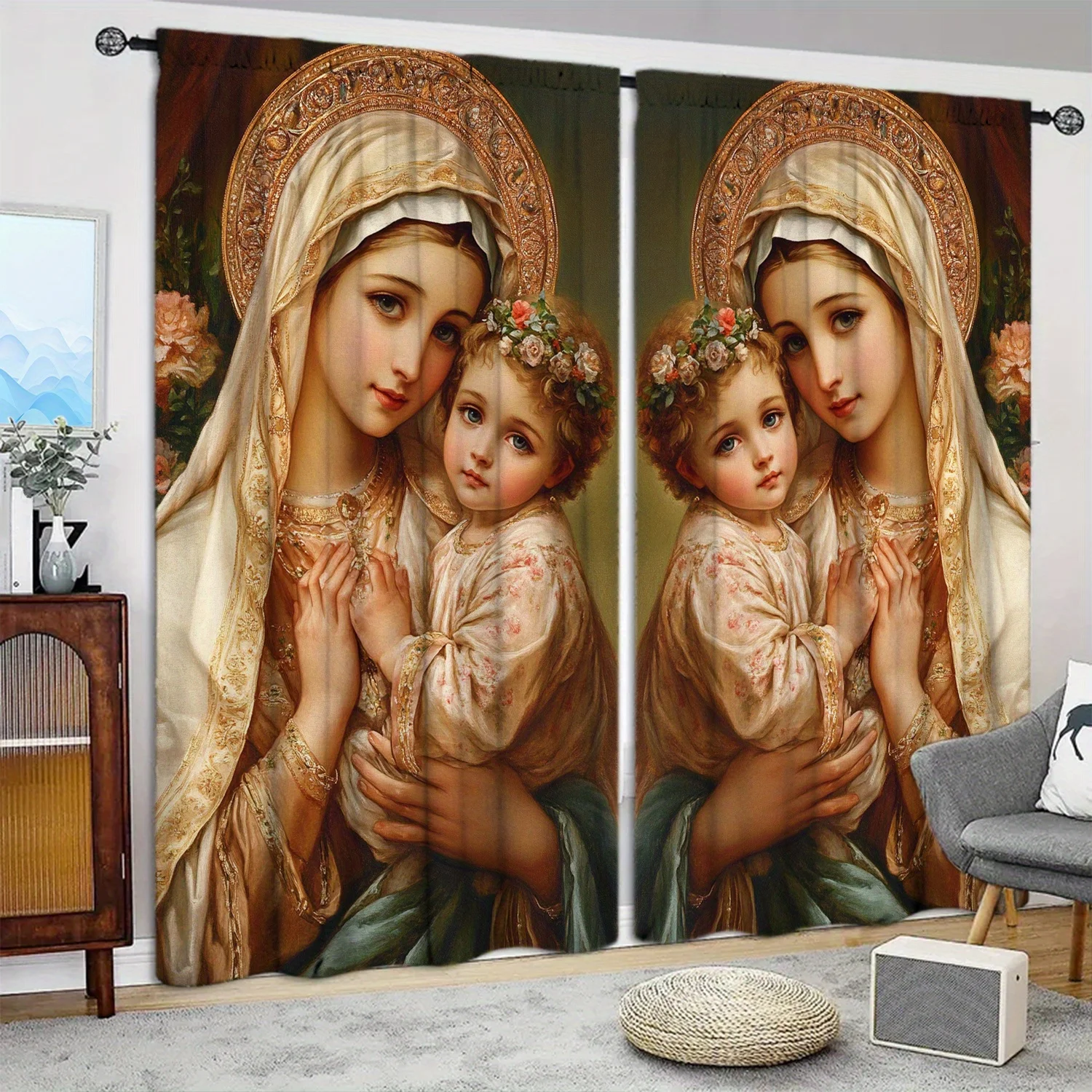 Madonna and Child Curtain, Religious Art Blackout Drapes, Classic Painting Print Window Treatment for Living Room Bedroom