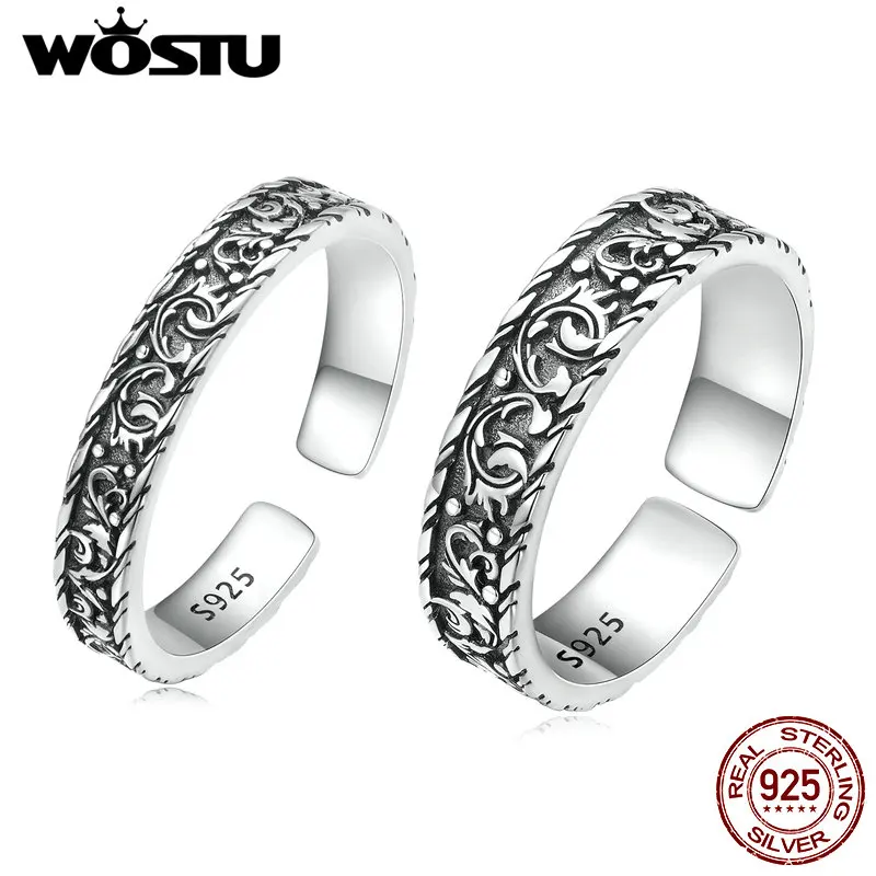 WOSTU New Genuine 925 Sterling Silver Classic Vintage Pattern Open Rings For Women S925 Exquisite All-match Anniversary Jewelry