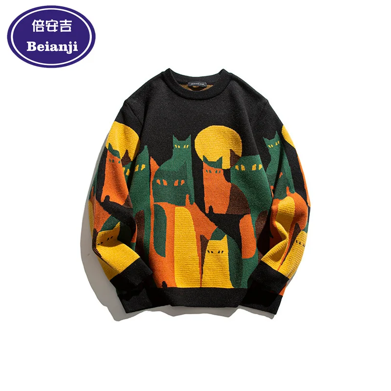 

Men's sweater 2024 winter new Japanese cat pattern round neck American retro brand pullover sweater