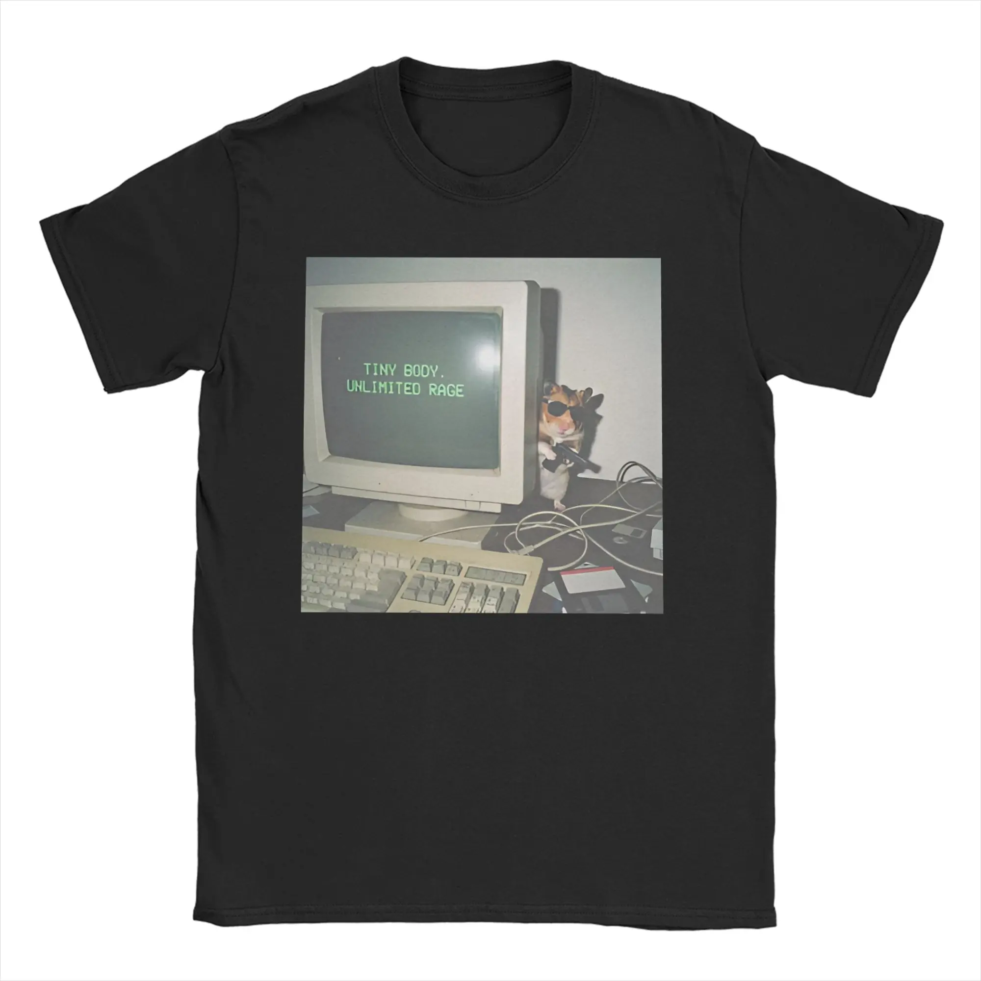 Camiseta Unissex de Algodão 100% Vintage com Estampa de Hamster 'Tiny Body Unlimited Rage', Manga Curta, Gola Redonda, Tamanhos Grandes