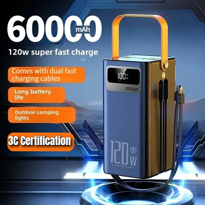 Portable Large Capacity Power Bank 60000mAh 120WFast Charger with Cable USB C External Spare Battery for IPhone Samsung powerbak