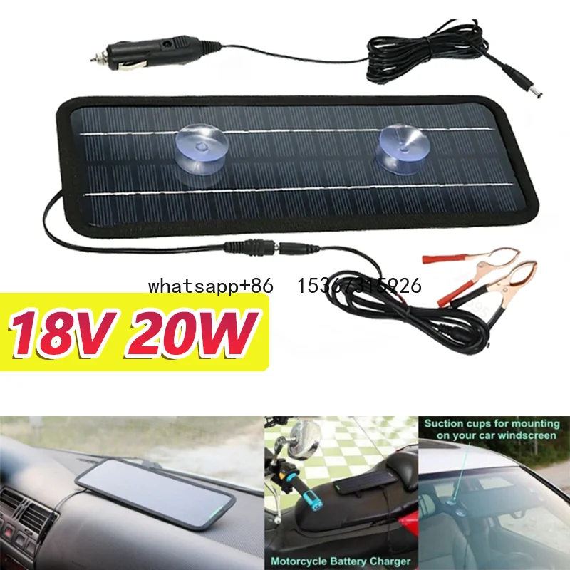 Cargador de Panel Solar con salida de CC de 20W y 18V, utilizado para coches/Camping/exteriores con enchufe de encendedor de cigarrillos/Clip de cocodrilo de carga de batería