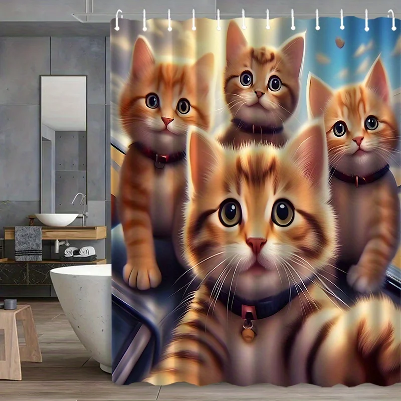 

3D Kitten Shower Curtain Realistic Cat Faces Cartoon Art Fun Bathroom Decor Waterproof Printed Curtain Home Style