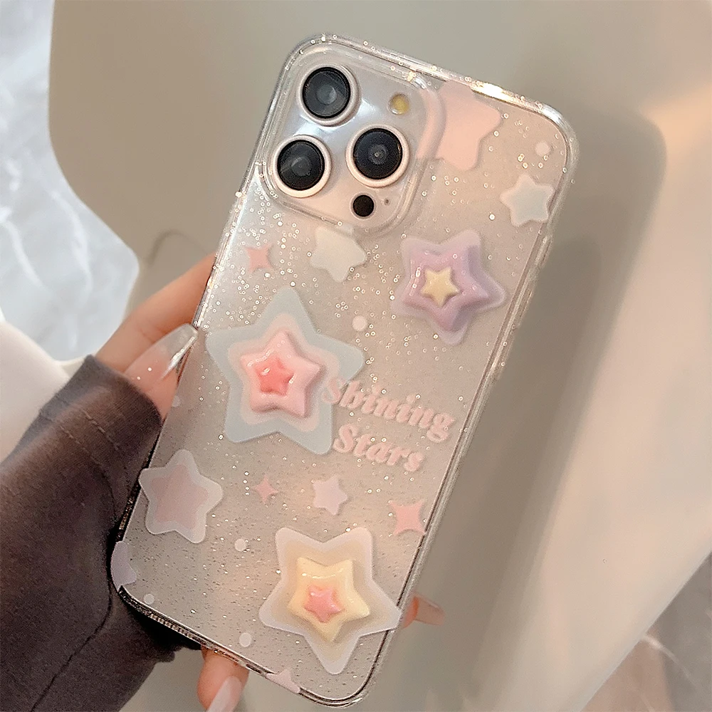 Lovebay Korean 3D Y2k Gradient Star Clear Phone Case For iPhone 15 14 13 12 11 Pro Max Plus Lovely Shockproof Soft Back Covers