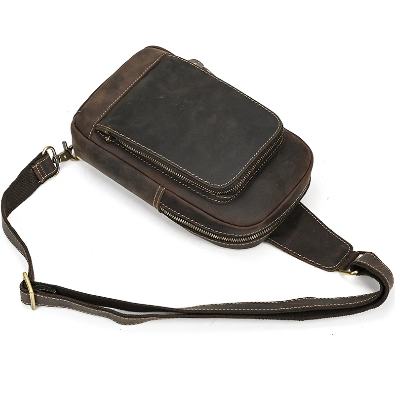 Fashion Vintage Mens Waist Bag Single Shoulder Chest Bag Sling Bag Pack Outdoor Sports Riding Cycling Front Bags Genuine Leather