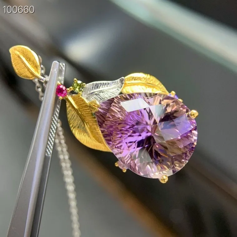 Natural Ametrine Pendant, 925 Silver Two-Tone Finish No Chain, Crystal Jewelry Gift for Women